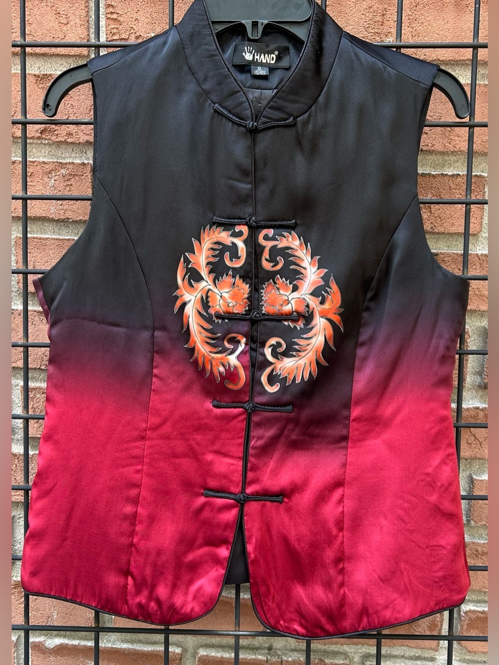 Hand Ombre Mandarin Vest in Black and Red with Orange Floral Detail